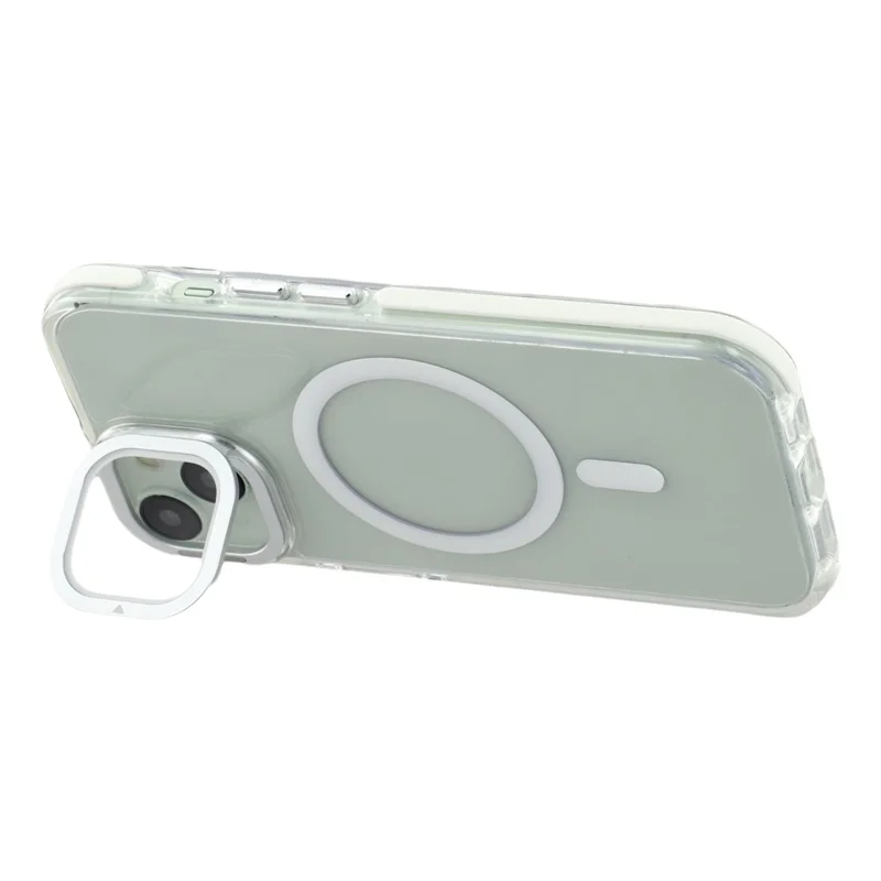 For iPhone 15 Magnetic Case TPU Acrylic Clear Phone Back Cover with Lens Protector Kickstand - White