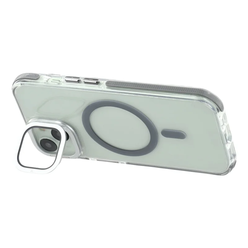 Für iPhone 15 Plus Magnetische Hülle TPU Acryl Transparente Handyrückseite mit Objektivschutz Ständer - Grau