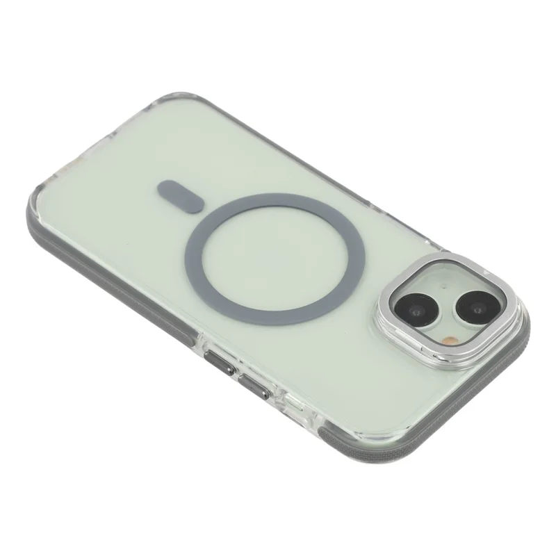 Für iPhone 15 Plus Magnetische Hülle TPU Acryl Transparente Handyrückseite mit Objektivschutz Ständer - Grau