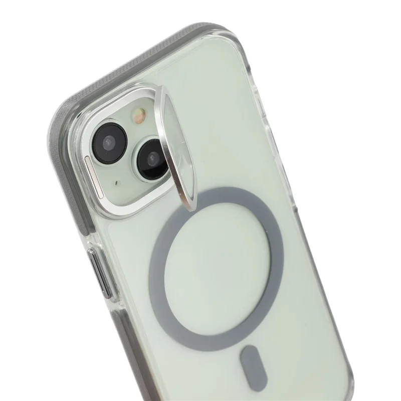 Für iPhone 15 Plus Magnetische Hülle TPU Acryl Transparente Handyrückseite mit Objektivschutz Ständer - Grau
