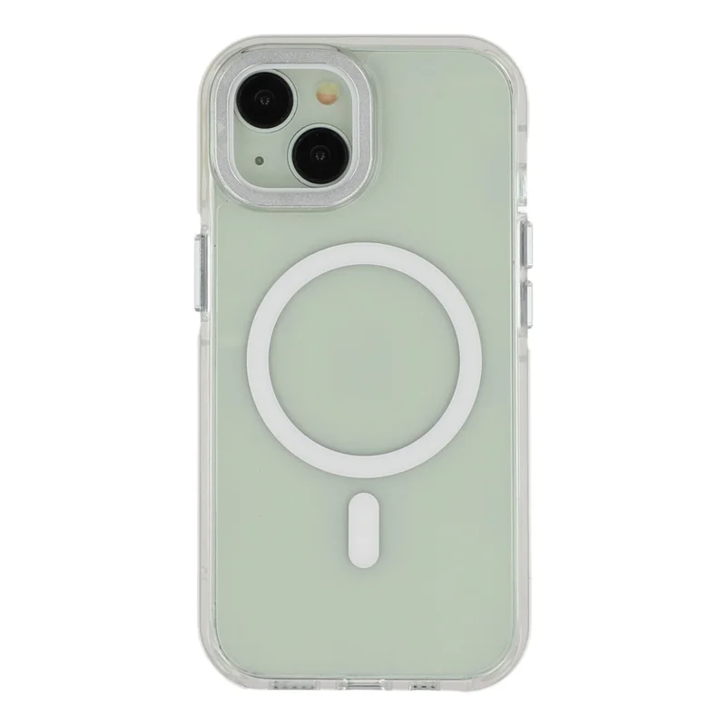 For iPhone 15 Plus Magnetic Case TPU Acrylic Clear Phone Back Cover with Lens Protector Kickstand - White