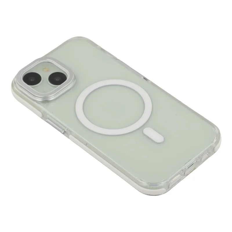 For iPhone 15 Plus Magnetic Case TPU Acrylic Clear Phone Back Cover with Lens Protector Kickstand - White