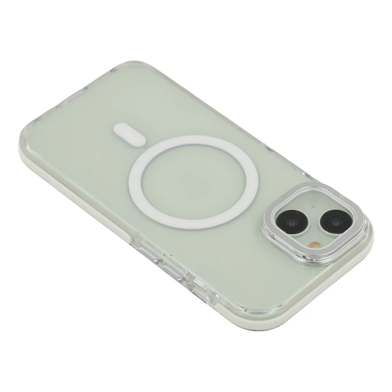 For iPhone 15 Plus Magnetic Case TPU Acrylic Clear Phone Back Cover with Lens Protector Kickstand - White
