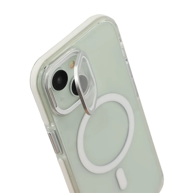 For iPhone 15 Plus Magnetic Case TPU Acrylic Clear Phone Back Cover with Lens Protector Kickstand - White