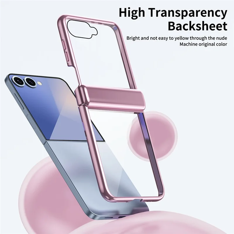 Étui pour Samsung Galaxy Z Flip7 5G avec Film de Protection d'Écran Arrière et Protection de Charnière - Coque de Téléphone en PC Électrolytique Transparente - Rose