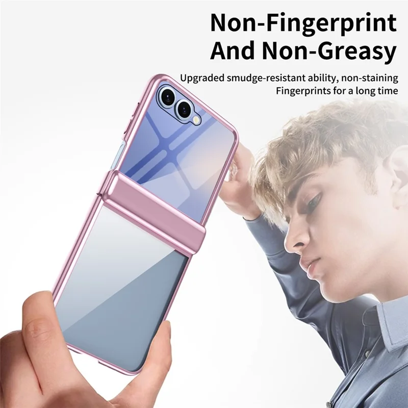 Étui pour Samsung Galaxy Z Flip7 5G avec Film de Protection d'Écran Arrière et Protection de Charnière - Coque de Téléphone en PC Électrolytique Transparente - Rose