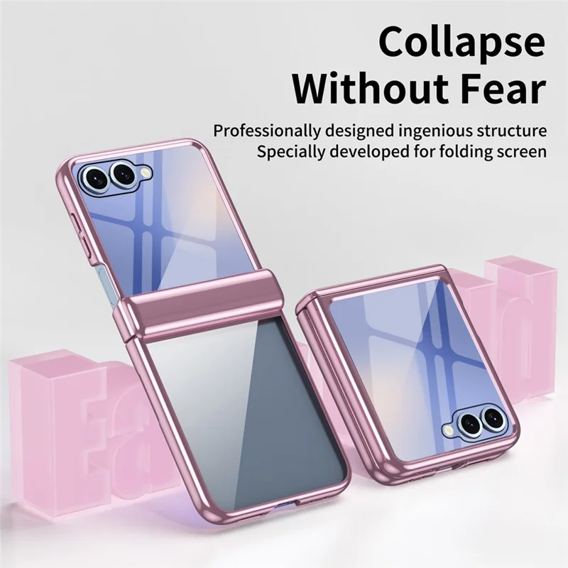 Étui pour Samsung Galaxy Z Flip7 5G avec Film de Protection d'Écran Arrière et Protection de Charnière - Coque de Téléphone en PC Électrolytique Transparente - Rose
