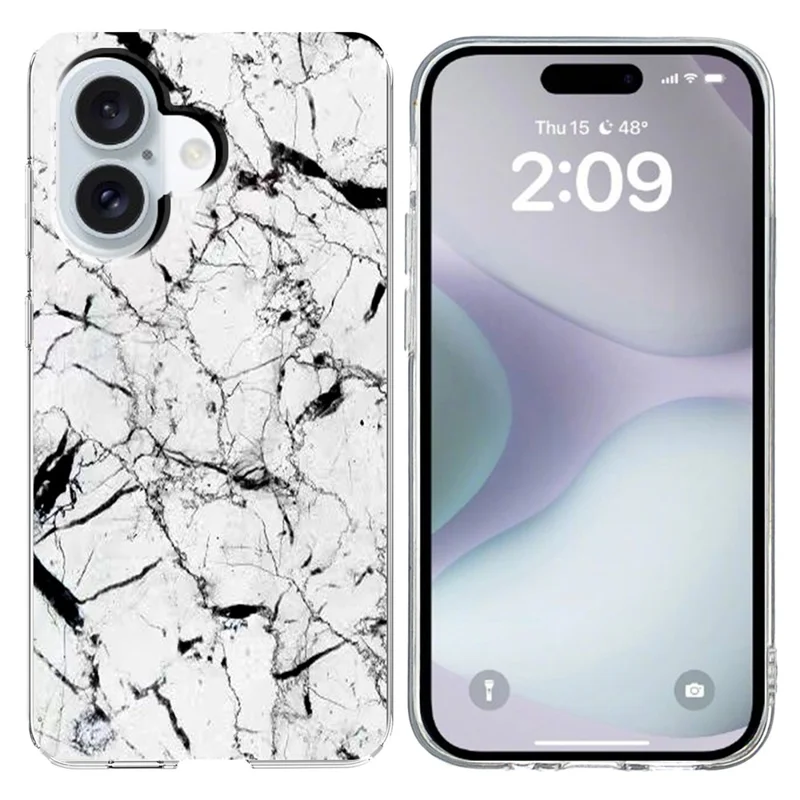 For iPhone 16 Case Marble Pattern Printing Soft TPU Phone Cover - White