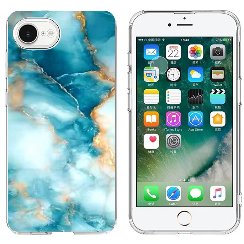 For iPhone SE (2022) / (2020) / 8 / 7 Case Marble Pattern Printing Soft TPU Phone Cover - Blue