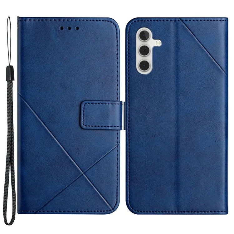 For Samsung Galaxy A14 5G / 4G Solid Color PU Leather Magnetic Flip Phone Case Line Imprinting Wallet Stand Shockproof Cover - Blue