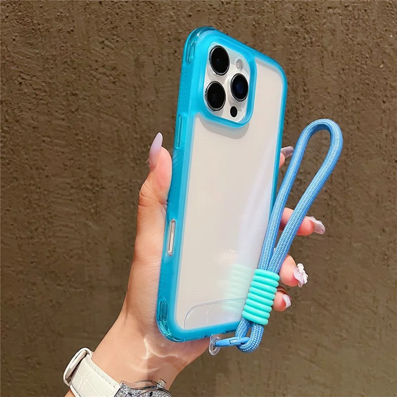 For iPhone 16 Pro Case Shockproof TPU + PC Phone Back Cover with Wrist Strap - Blue