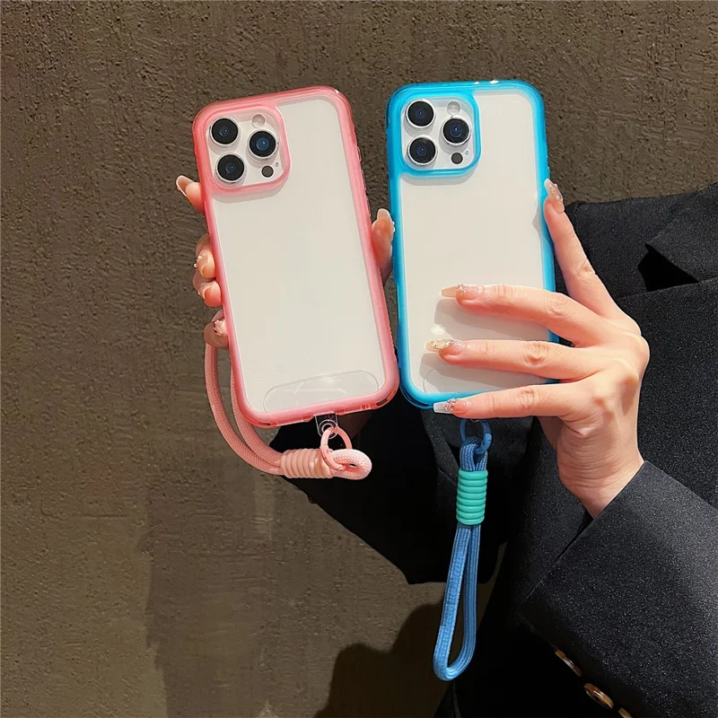 For iPhone 16 Pro Case Shockproof TPU + PC Phone Back Cover with Wrist Strap - Blue