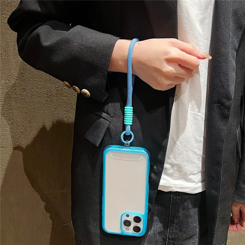 For iPhone 16 Pro Max Case Shockproof TPU + PC Phone Back Cover with Wrist Strap - Blue