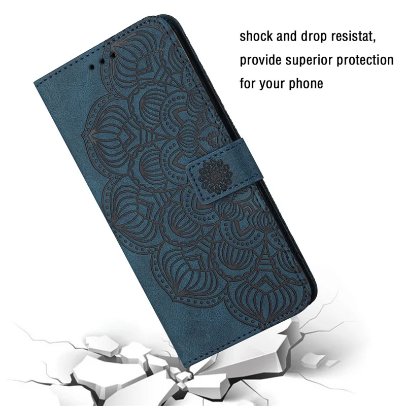 For Samsung Galaxy A23e Drop Protection Phone Cover Imprinted Mandala Flower Wallet PU Leather+Soft TPU Case - Blue