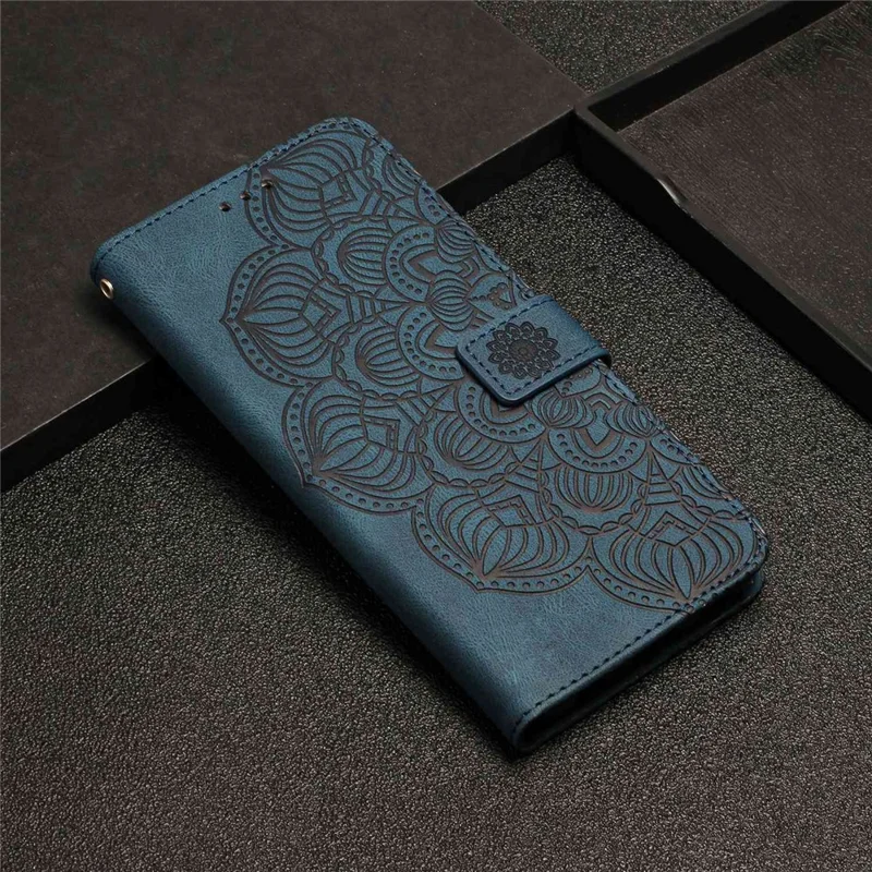 For Samsung Galaxy A23e Drop Protection Phone Cover Imprinted Mandala Flower Wallet PU Leather+Soft TPU Case - Blue