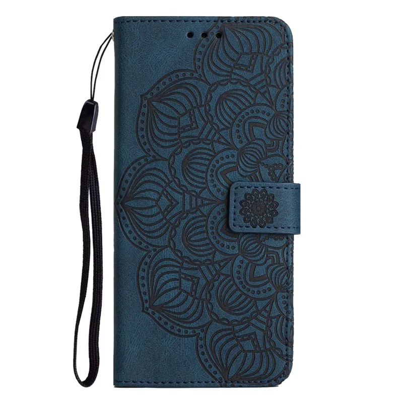For Samsung Galaxy A23e Drop Protection Phone Cover Imprinted Mandala Flower Wallet PU Leather+Soft TPU Case - Blue