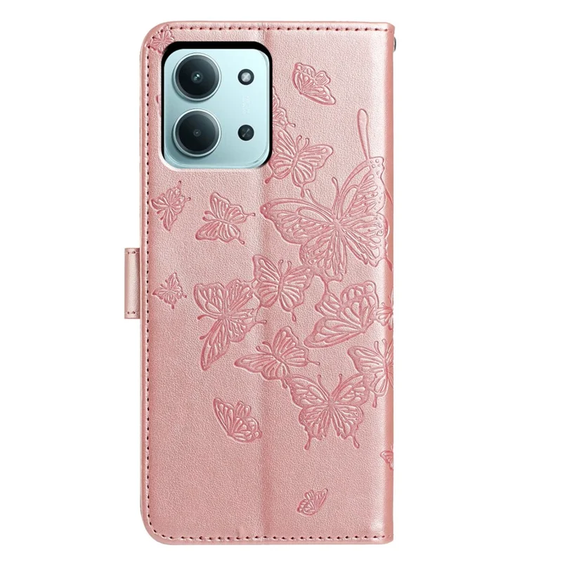 Capa para Xiaomi Redmi 15C 5G / 15C 4G (173mm) Carteira com Borboleta Estampada, Suporte, Couro PU, Flip, com Alça - Rosa Dourado