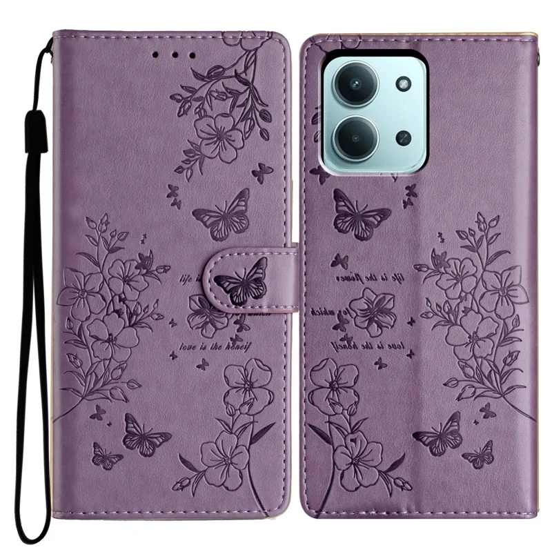 Capa de carteira de couro para Xiaomi Redmi 15C 5G / 15C 4G (173mm) com estampa de borboleta e floral, com alça - Roxo