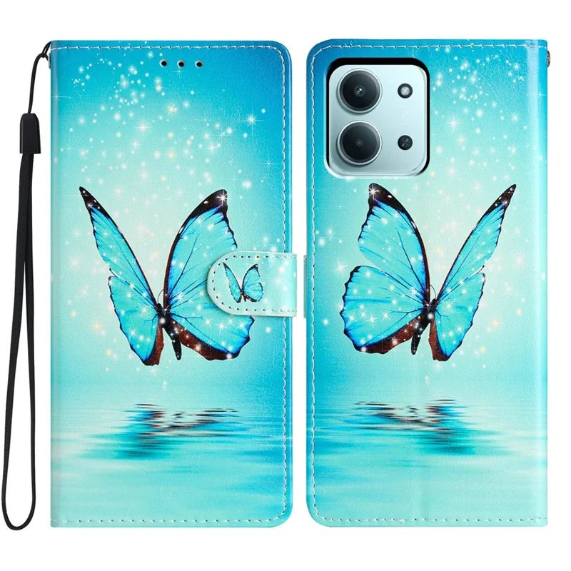 Pour Xiaomi Redmi 15C 5G / 15C 4G (173mm) Étui Portefeuille en Cuir PU avec Motif Imprimé, Support et Dragonne - Papillon Bleu
