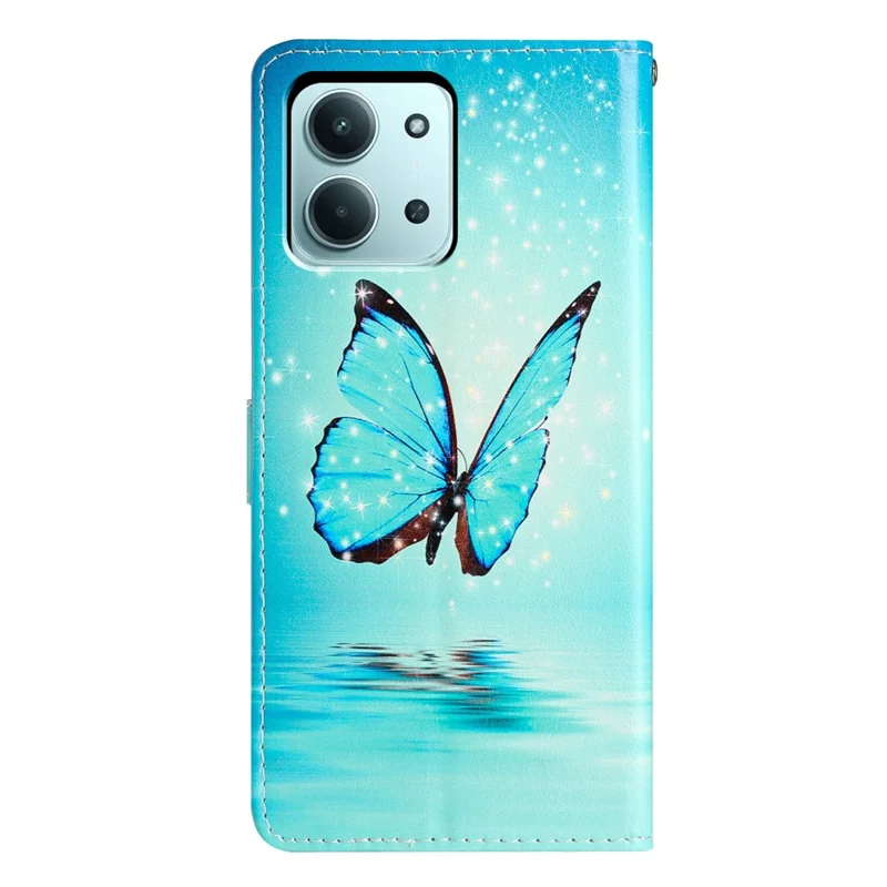 Pour Xiaomi Redmi 15C 5G / 15C 4G (173mm) Étui Portefeuille en Cuir PU avec Motif Imprimé, Support et Dragonne - Papillon Bleu