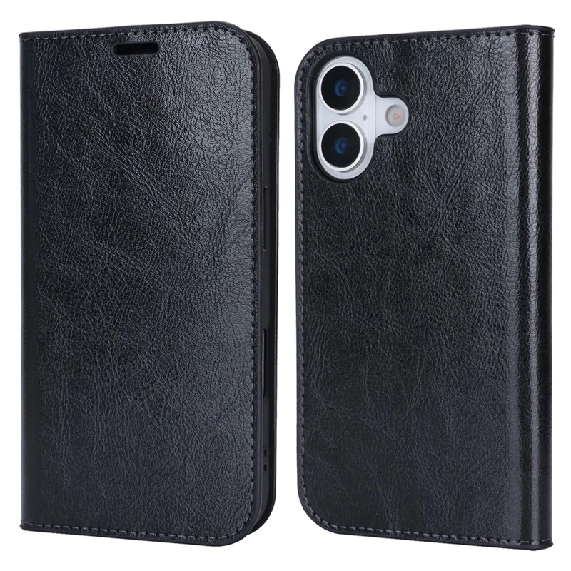 Capa de Couro Crazy Horse para iPhone 17 - Carteira com Textura Dividida, Cor Preta