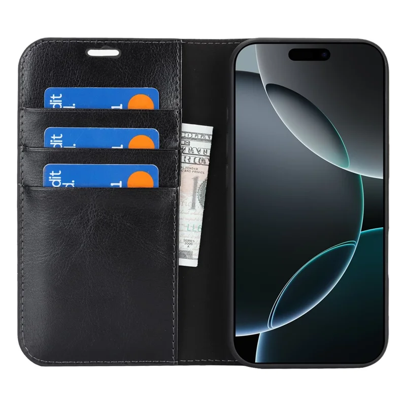 Capa de Couro Crazy Horse para iPhone 17 - Carteira com Textura Dividida, Cor Preta