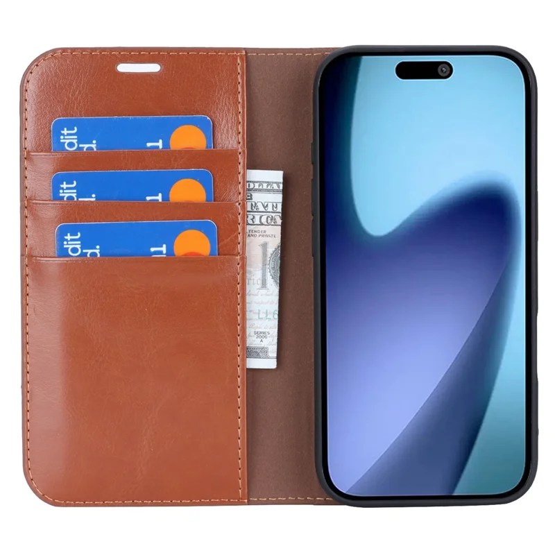 For iPhone Air Case Crazy Horse Texture Split Leather Wallet Phone Cover - Light Brown