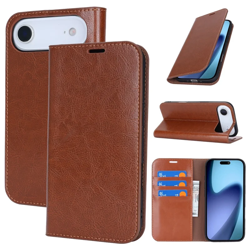 For iPhone Air Case Crazy Horse Texture Split Leather Wallet Phone Cover - Light Brown