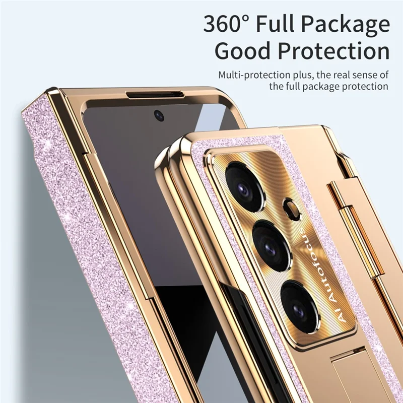 For Samsung Galaxy Z Fold7 5G Case with Kickstand Hinge Protection Rhinestone Glitter PC Phone Cover - Purple