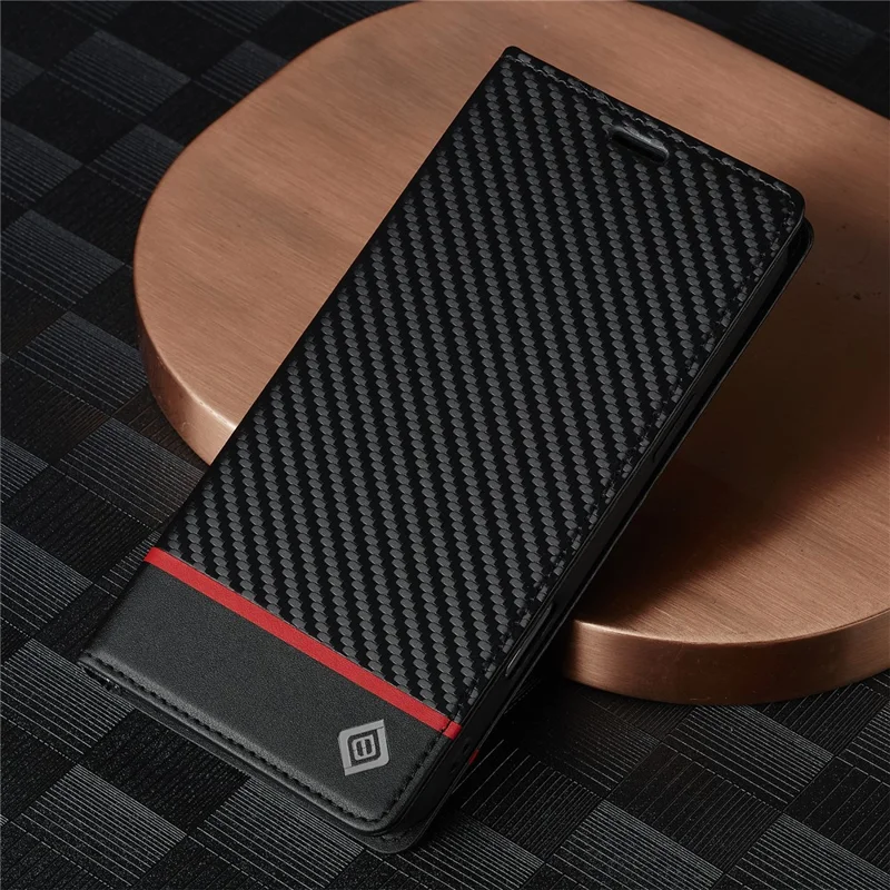 LC.IMEEKE iPhone 17 Pro Max Brieftasche Hülle mit Karbonfaser-Textur und Lederoptik - Horizontale Streifen