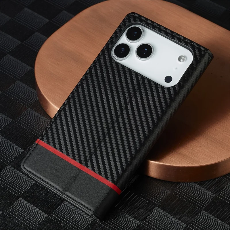 LC.IMEEKE iPhone 17 Pro Max Brieftasche Hülle mit Karbonfaser-Textur und Lederoptik - Horizontale Streifen