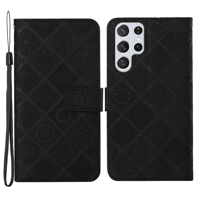 Pour Samsung Galaxy S23 Ultra Mobile Phone Cover Anti-fading Style Ethnique Modèle de Fleur Imprimé Case de Téléphone pu Leather + Tpu Stand Portefeuille - le Noir
