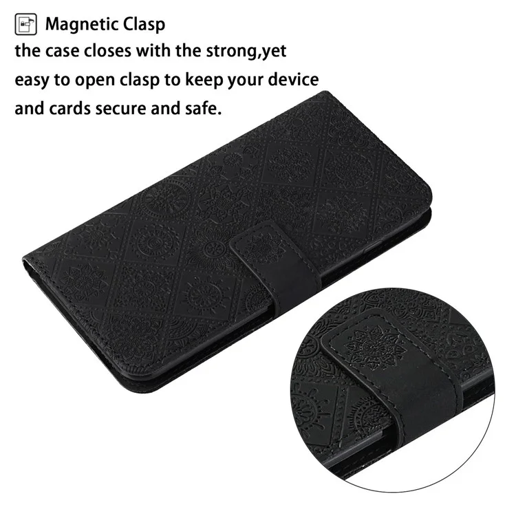 Pour Samsung Galaxy S23 Ultra Mobile Phone Cover Anti-fading Style Ethnique Modèle de Fleur Imprimé Case de Téléphone pu Leather + Tpu Stand Portefeuille - le Noir
