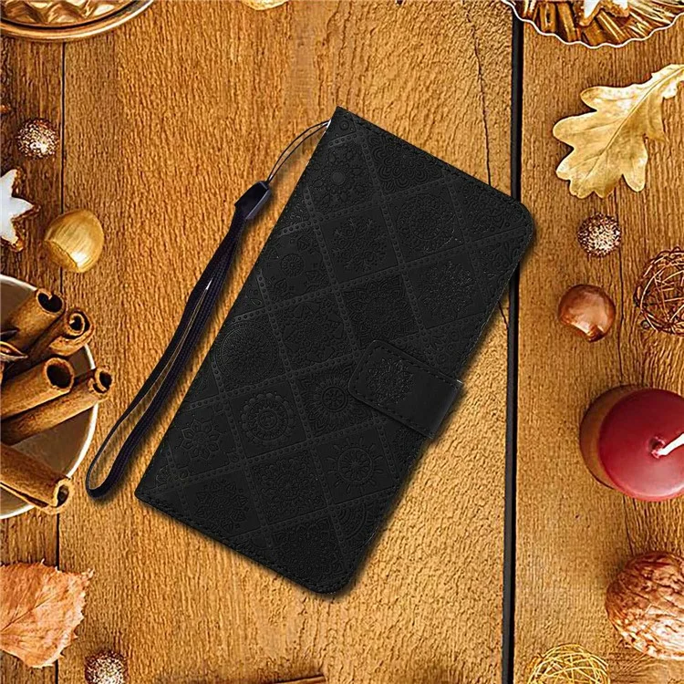 Pour Samsung Galaxy S23 Ultra Mobile Phone Cover Anti-fading Style Ethnique Modèle de Fleur Imprimé Case de Téléphone pu Leather + Tpu Stand Portefeuille - le Noir