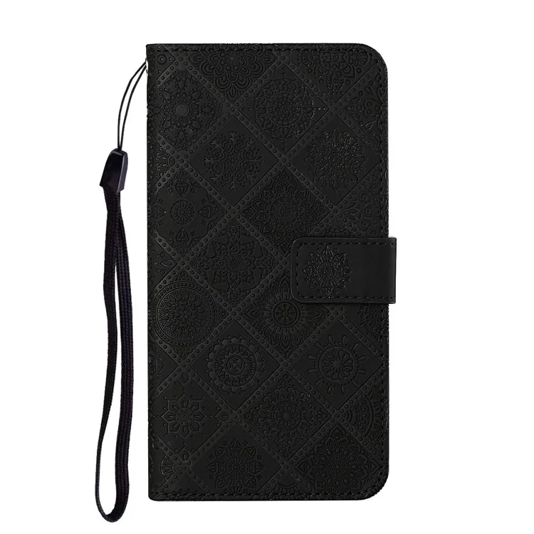 Pour Samsung Galaxy S23 Ultra Mobile Phone Cover Anti-fading Style Ethnique Modèle de Fleur Imprimé Case de Téléphone pu Leather + Tpu Stand Portefeuille - le Noir