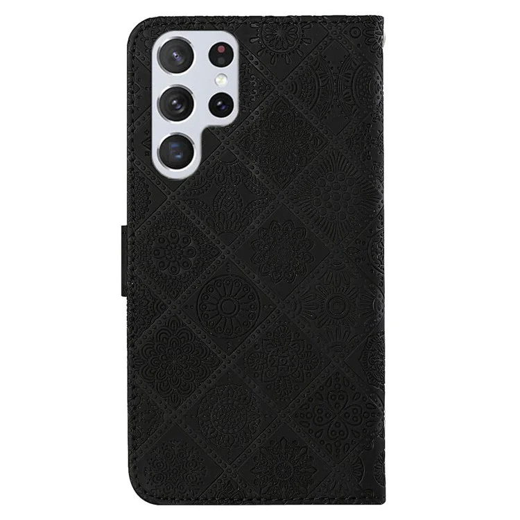 Pour Samsung Galaxy S23 Ultra Mobile Phone Cover Anti-fading Style Ethnique Modèle de Fleur Imprimé Case de Téléphone pu Leather + Tpu Stand Portefeuille - le Noir