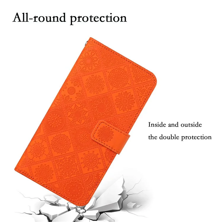 Pour Samsung Galaxy S23 Ultra Mobile Phone Cover Anti-fading Style Ethnique Modèle de Fleur Imprimé Case de Téléphone pu Leather + Tpu Stand Portefeuille - Orange