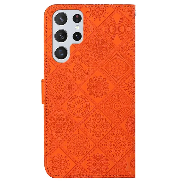 For Samsung Galaxy S23 Ultra Mobile Phone Cover Anti-fading Ethnic Style Imprinted Flower Pattern Phone Case PU Leather+TPU Stand Wallet - Orange
