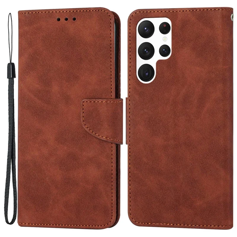 For Samsung Galaxy S23 Ultra Solid Color PU Leather Wallet Case Magnetic Closure Stand Flip Protective Phone Cover - Brown