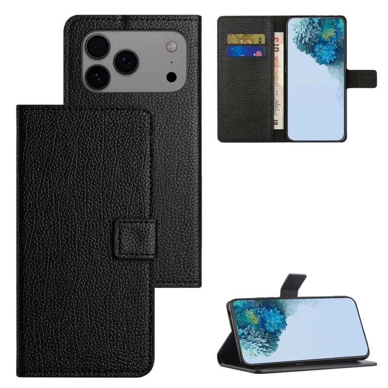 Чехол для iPhone 17 Pro из искусственной кожи, бумажник, чехол для телефона, текстура личи, черный