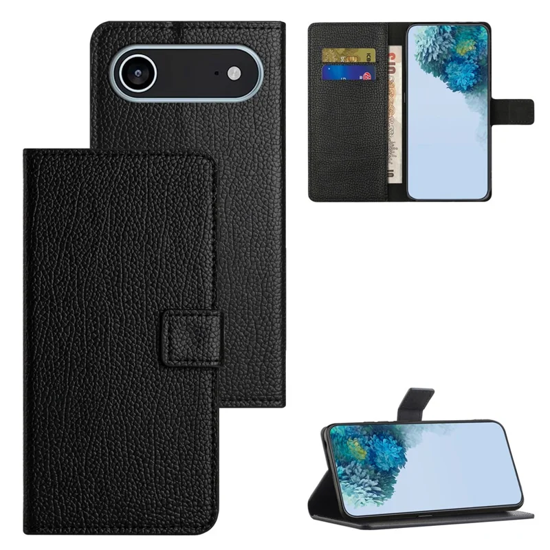 Für iPhone 17 Air Hülle PU-Leder Brieftasche Handyhülle Litschi-Textur, Schwarz