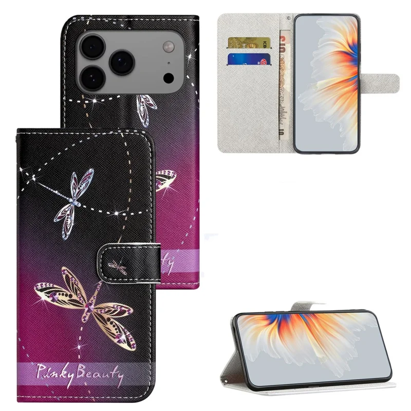 For iPhone 18 Pro Max / 17 Pro Max Case Pattern Print PU Leather Wallet Phone Cover Cross Texture - Dragonfly
