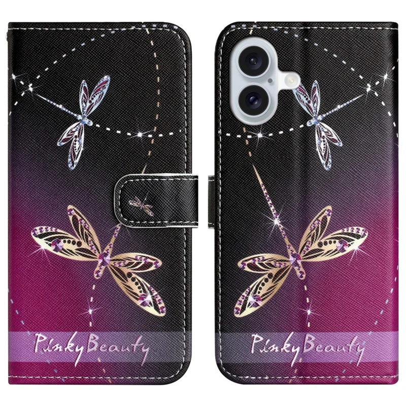 Capa de Couro PU com Estampa para iPhone 17 - Textura Cruzada com Libélula