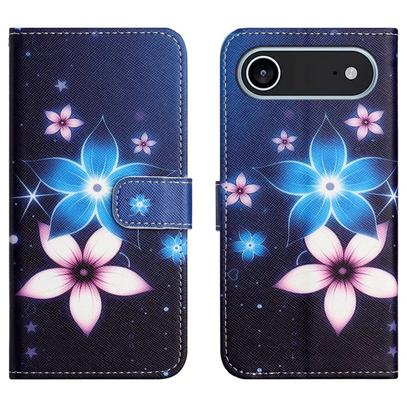 For iPhone 17 Air Case Pattern Print PU Leather Wallet Phone Cover Cross Texture - Blue Flower
