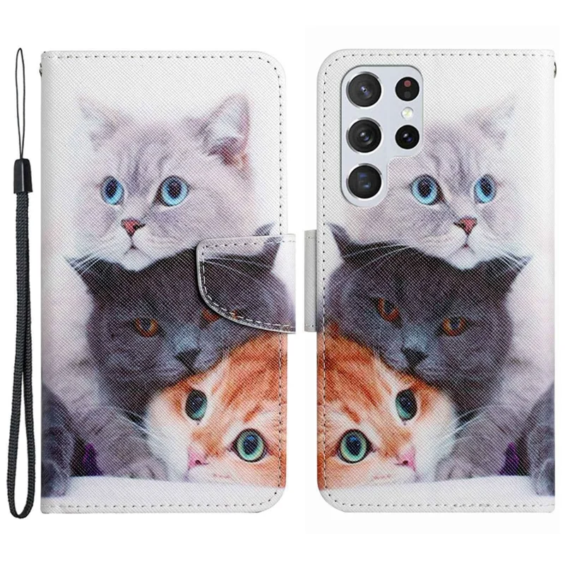 For Samsung Galaxy S23 Ultra Cross Texture PU Leather Stand Case Pattern Printing Full Protection Phone Wallet Cover - Three Cats