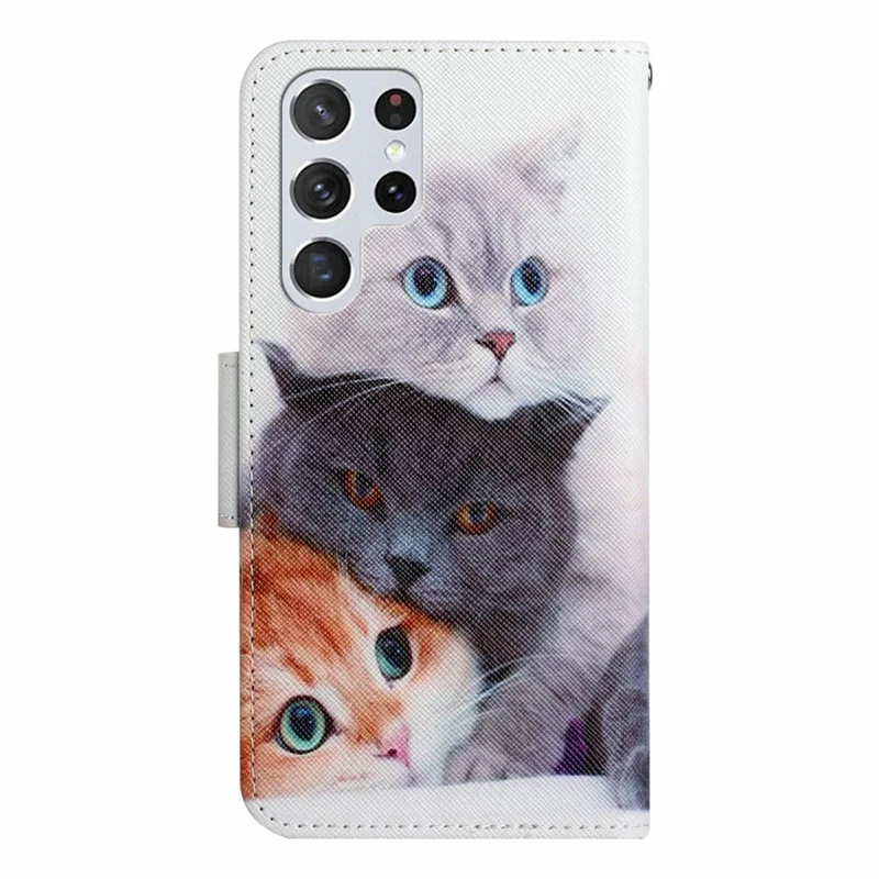 For Samsung Galaxy S23 Ultra Cross Texture PU Leather Stand Case Pattern Printing Full Protection Phone Wallet Cover - Three Cats