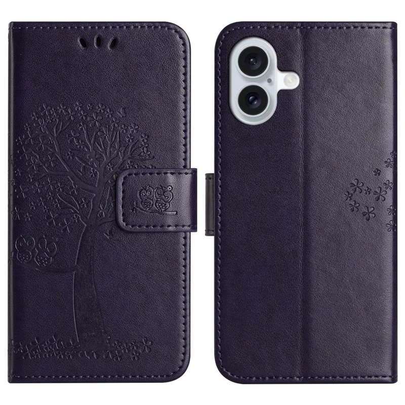 Étui pour iPhone 17 en Cuir PU avec Motif Hibou sur Arbre, Housse de Téléphone Portefeuille avec Dragonne - Bleu Foncé