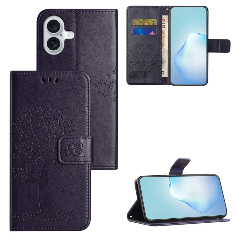 Étui pour iPhone 17 en Cuir PU avec Motif Hibou sur Arbre, Housse de Téléphone Portefeuille avec Dragonne - Bleu Foncé