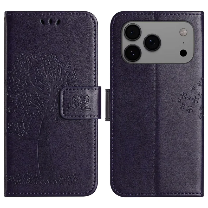 For iPhone 17 Pro Case PU Leather Owl Tree Imprinted Wallet Phone Cover with Strap - Donkerblauw