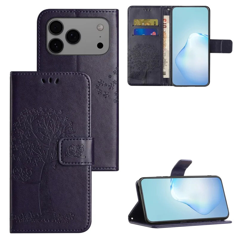 For iPhone 17 Pro Case PU Leather Owl Tree Imprinted Wallet Phone Cover with Strap - Donkerblauw